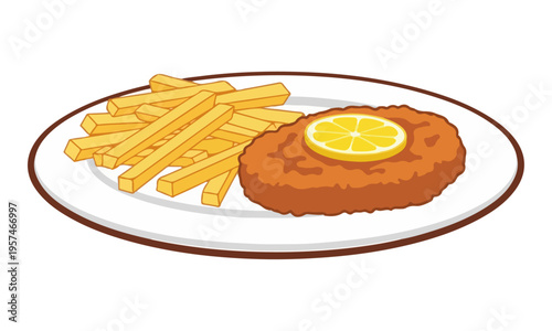 Breaded Schnitzel with Fries and Lemon on Plate Illustration