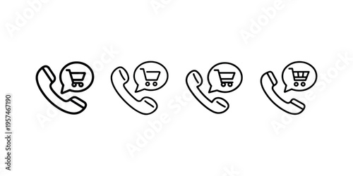 Order food by phone icons featuring telephone receiver and shopping cart bubble for restaurant delivery service and online grocery customer support operations