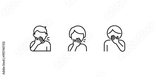 Three line art icons depicting person covering mouth, representing sneezing or coughing, conveying illness or hygiene practices