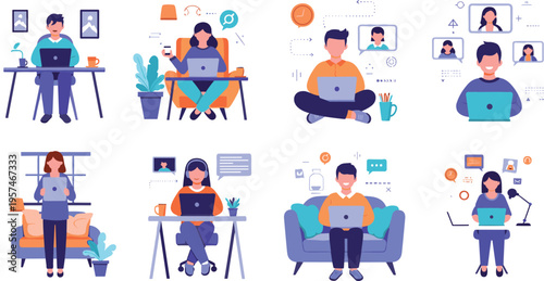 Remote work and freelance lifestyle collection with people using laptops, online communication and home office scenes vector illustration set