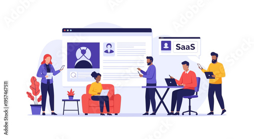 Modern Business Team Collaborating on SaaS Platform, User Profile & Data Management Illustration