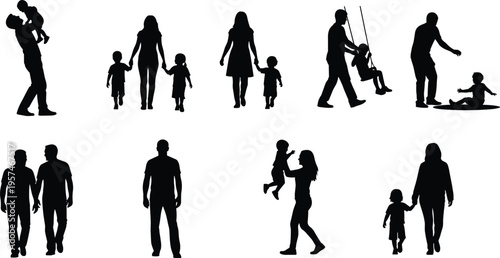 family activity silhouettes set, parents and children playing walking bonding, father mother kids interactions, love care concept, isolated vector illustration