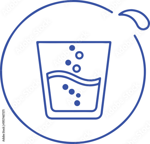 A blue linear icon of a glass filled with carbonated liquid inside a circular frame with a splash isolated on transparent background, isolated on white background, Vector