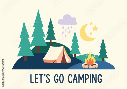 Minimalist Camping Scene with Tent, Trees, Campfire, Moon and Rain Cloud