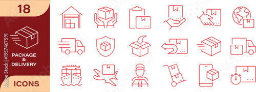set of 30 line web icons related to supply chain  value chain  logistic  delivery  manufacturing  commerce. Outline icon collection. Vector illustration. Editable stroke