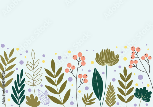 Stylized botanical border illustration with leaves, berries, and abstract flowers