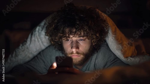 A curly-haired guy uses a smartphone while lying in his bed at night. The guy is engrossed in spending time online. The concept of watching short videos is a quick dopamine hit