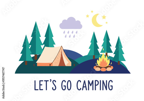 Let's Go Camping flat design illustration with tent, campfire, and nature