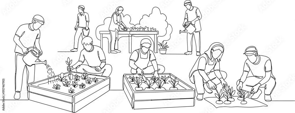 Fototapeta premium people planting flowers in garden boxes