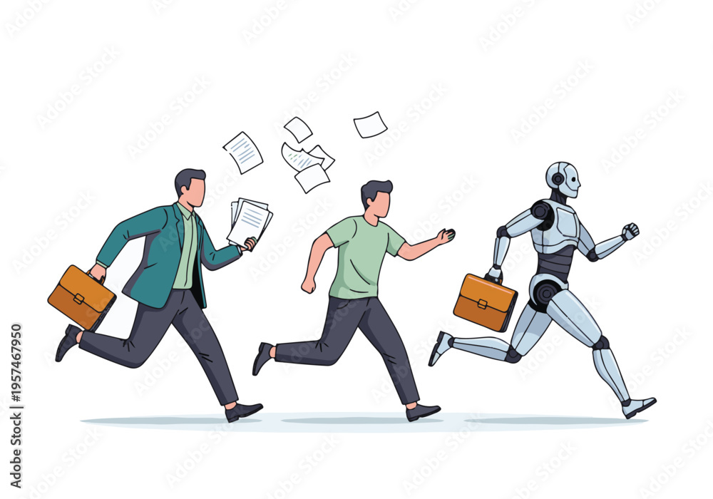 Fototapeta premium Business evolution: Man, casual worker, and robot racing with briefcases