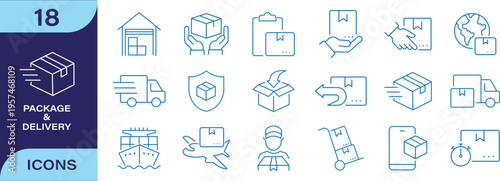 set of 30 line web icons related to supply chain  value chain  logistic  delivery  manufacturing  commerce. Outline icon collection. Vector illustration. Editable stroke