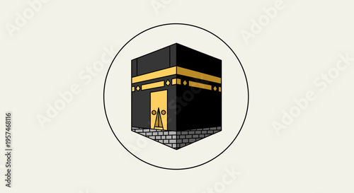Stylized illustration of a sacred cube structure, a symbol of worship and pilgrimage, central to Islamic faith and spiritual journey