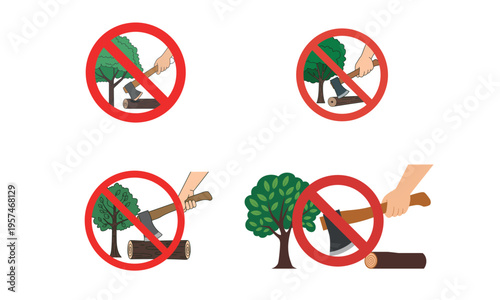 No deforestation signs with tree protection symbols and environmental awareness icons isolated on white background