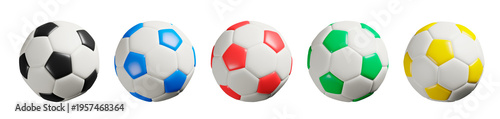 Soccer balls synthetic leather white with black blue red green and yellow panels collection aligned isolated on transparent background.