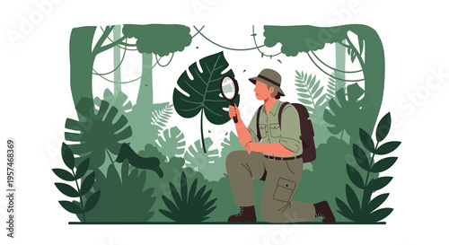 Explorer examines plant with magnifying glass in lush jungle, discovering nature's secrets