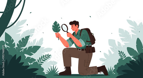 Explorer examines jungle leaf with magnifying glass, surrounded by lush foliage