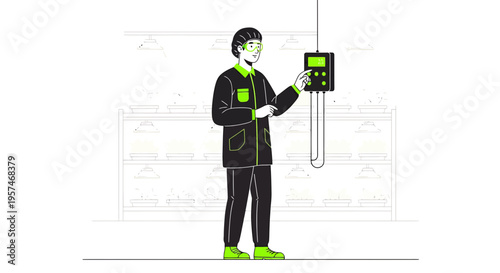 Factory worker in uniform checking control panel in industrial setting