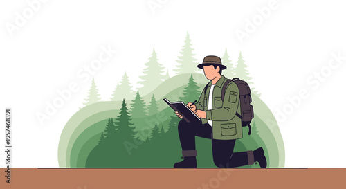 Explorer kneeling in forest, taking notes in a notebook, surrounded by trees