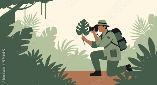 Explorer photographing lush jungle foliage on a nature expedition