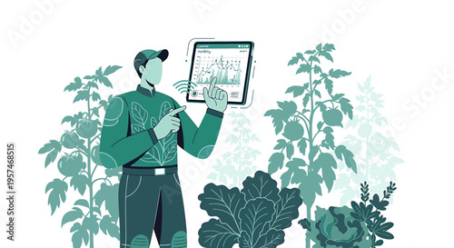 Farmer using tablet in greenhouse, smart farming technology, data analysis, organic agriculture
