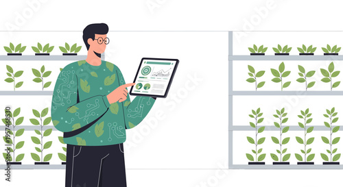 Farmer using tablet in vertical farm, smart agriculture technology, sustainable farming