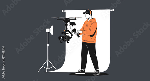 Filmmaker operating drone and gimbal for aerial video production in studio setup