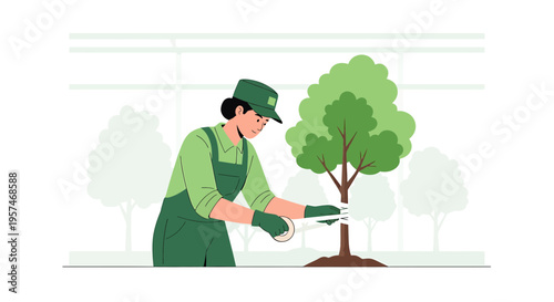 Gardener planting a young tree in a green park, environmental care and growth concept