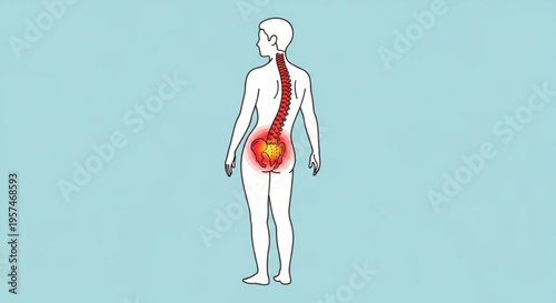 A medical illustration of a human body with a highlighted spine and lower back pain