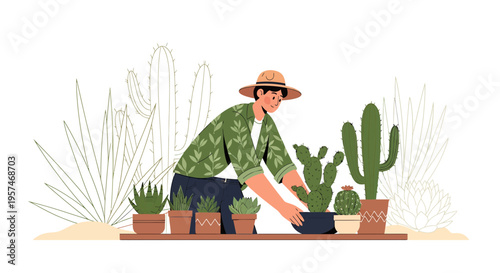 Gardener tending to potted cacti and succulents in a desert landscape