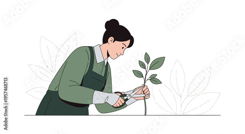 Gardener tending to a young plant with scissors, symbolizing growth and care
