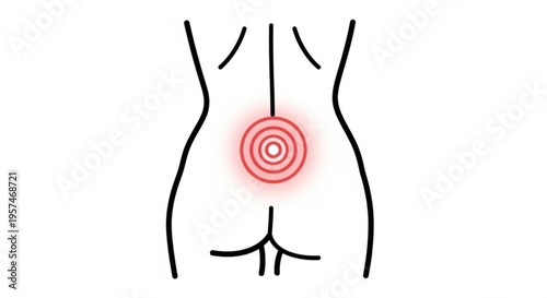 A vector graphic illustration of a woman's lower abdomen with a red target symbol indicating pain or discomfort