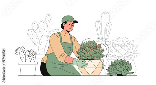 Gardener tending to succulents in a greenhouse, surrounded by cacti and potted plants.