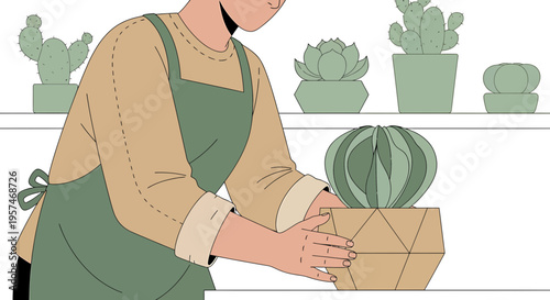 Gardener tending to potted cactus plants in a greenhouse or plant shop