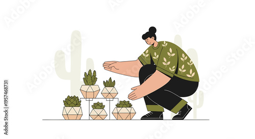 Gardener tending to succulents in geometric pots with cacti background