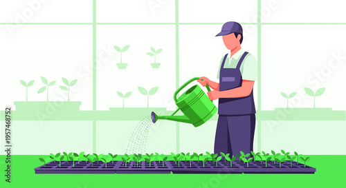 Gardener watering seedlings in a greenhouse, growing plants, agriculture concept