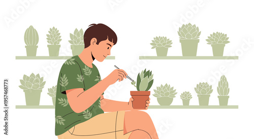 Man tending to potted succulent plants on shelves, home gardening hobby