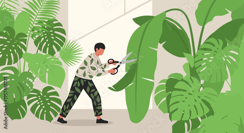 Man trimming large green leaves with scissors, surrounded by lush indoor plants