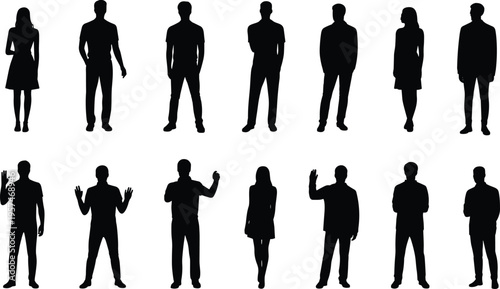 Silhouette collection of diverse human figures in various poses, standing, walking, raising arms, gesture design elements for creative projects