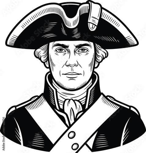 Historical American Revolutionary War soldier illustration, 18th century military officer portrait, vintage tricorn hat uniform, colonial history artwork, heritage