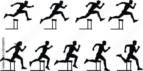 Silhouette sequence of athletes hurdling, sports training illustration, hurdle jump biomechanics, running motion analysis, fitness icon, track and field artwork