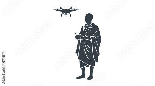 Cultural figure pilots modern drone A compelling symbol of traditional heritage embracing advanced technology and innovation
