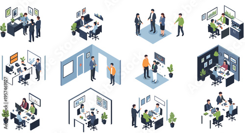 Isometric office interaction scenes collection with employees, meetings, discussions and workplace collaboration vector illustration set
