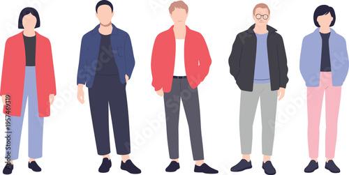 Group of diverse illustrated people in casual fashion outfits, modern vector characters standing together, trendy clothing styles for lifestyle design