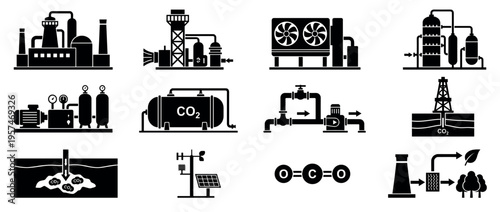 Carbon capture and storage technology icons illustrating industrial processes, CO2 sequestration, and environmental solutions for climate change.