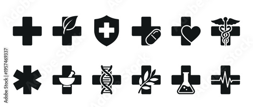 Medical icons set featuring various healthcare symbols including crosses, pills, hearts, DNA, and caduceus for health and wellness designs.