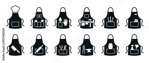 Professional aprons icon set depicting various occupations and hobbies with specific tools and equipment for different trades.