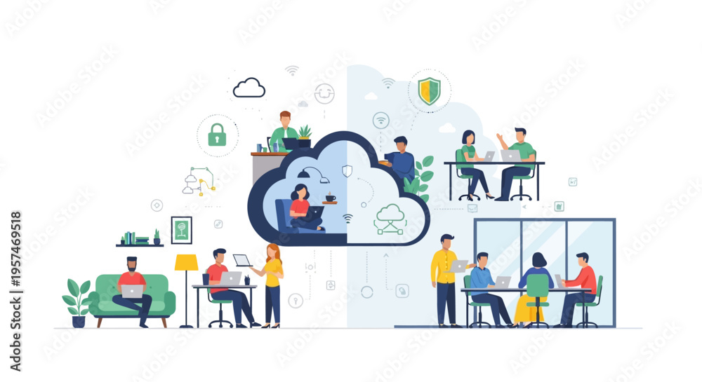 Naklejka premium Hybrid Work & Cloud Computing: Global Team Collaboration, Remote Office Connectivity & Data Security