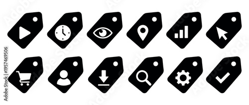 Collection of black tag icons with various symbols representing common user interface elements for web design, applications, and digital services.