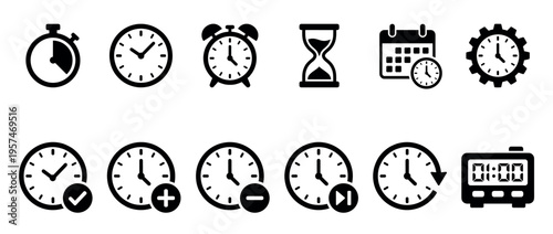 Collection of diverse time and clock icons, including stopwatch, alarm clock, hourglass, and calendar symbols, representing concepts of scheduling, duration, and deadlines.