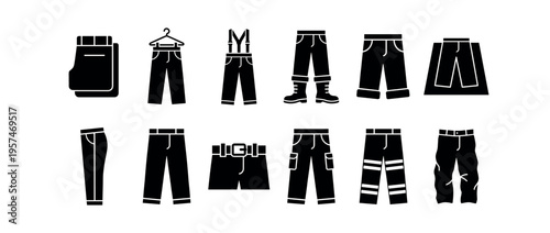Pants and trousers collection of various styles and designs, representing different types of legwear garments in a silhouette icon set.